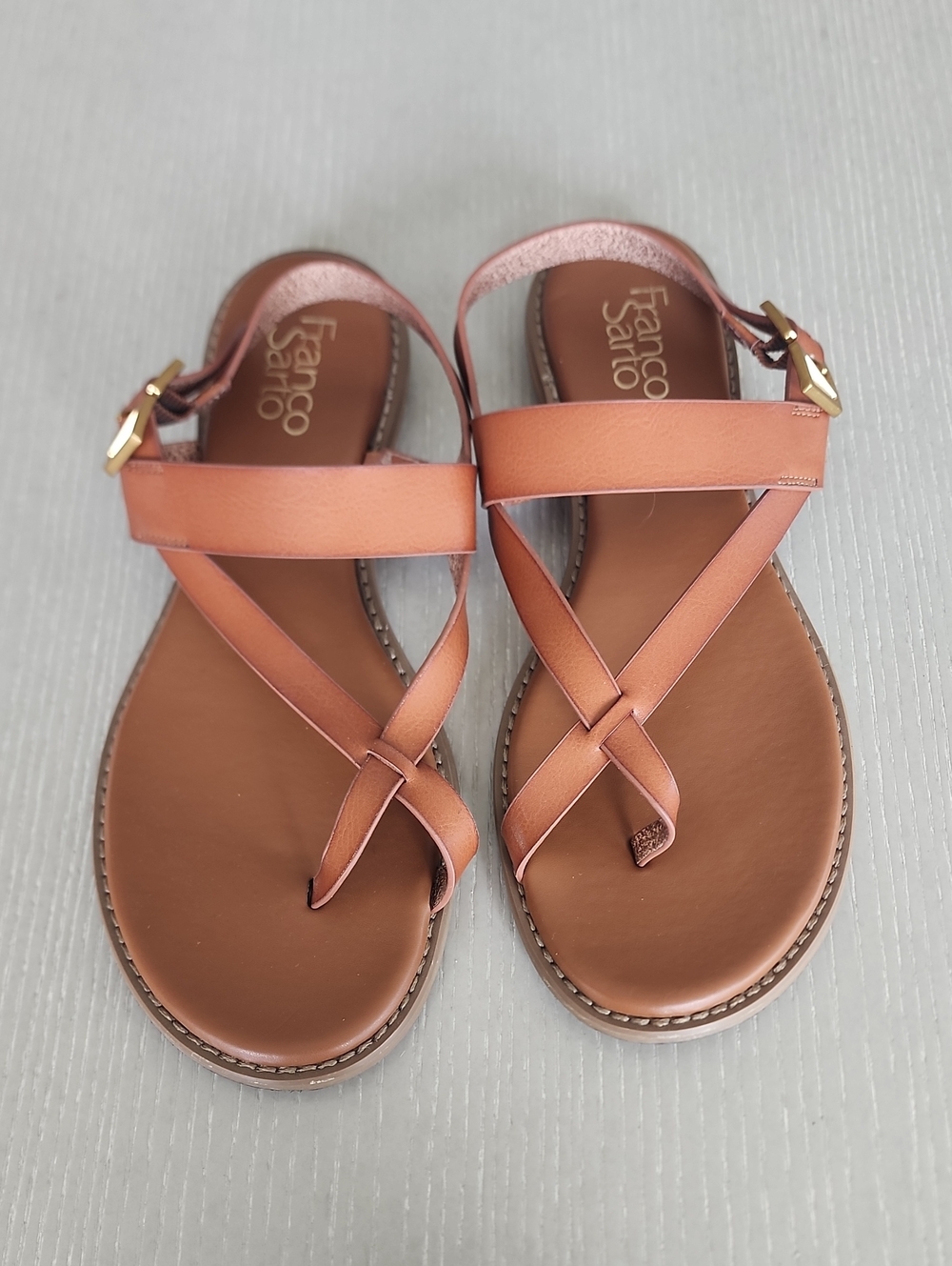 Franco Sarto Rose-Tan Leather Crisscross Sandals with Gold Buckle 9